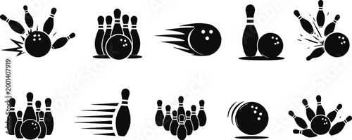 Bowling Icon Set Featuring Pins and Balls Representing the Classic Sport with Striking Dynamic Designs in Black and White