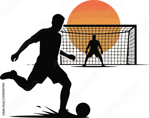 Soccer player kicking ball towards goal at sunset