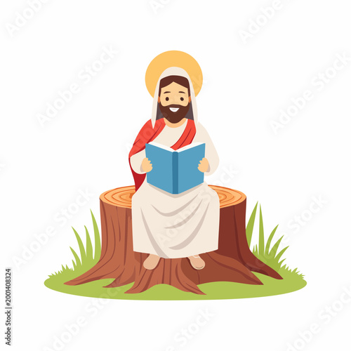 Jesus Sitting on Tree Stump Reading a Book