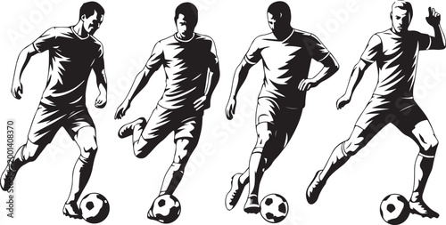 Soccer player dribbling ball in action sequence