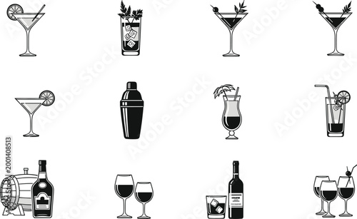 Bilde på lerret Cocktail and alcohol drink icons set with martini shaker wine glasses and bar el