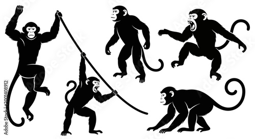 Set of Black Monkey Silhouettes in Various Poses