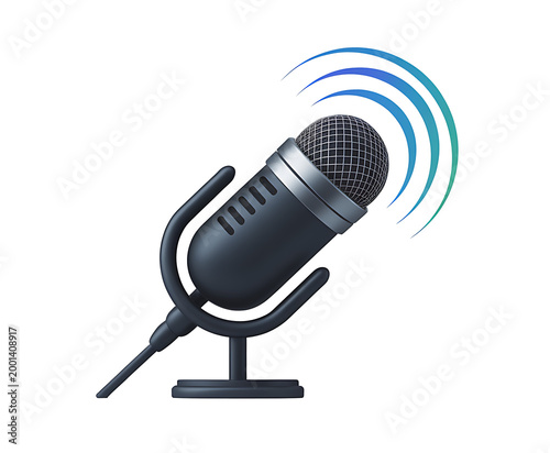 A sleek 3D rendered vintage microphone with sound waves ready for podcasting or recording.