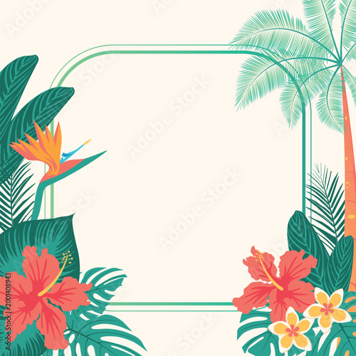 Bright tropical square frame with palm leaves, hibiscus and exotic flowers. Clean copy space, perfect for summer invitations, banners and social media design