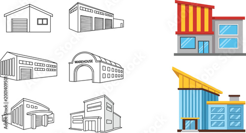Industrial buildings and warehouse illustrations set with factory garages and commercial structures isolated vector collection for logistics and construction