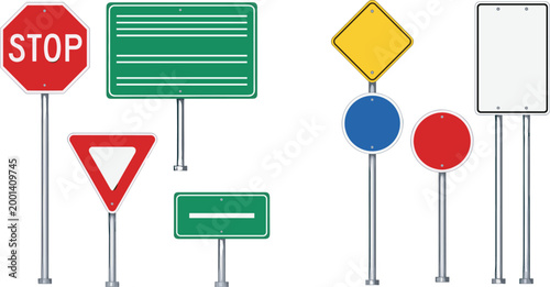 Road traffic signs collection with stop yield warning and blank direction signboards isolated vector set for transportation design