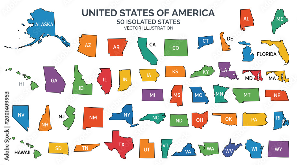 Fototapeta premium Colorful illustrated map of the united states with state labels