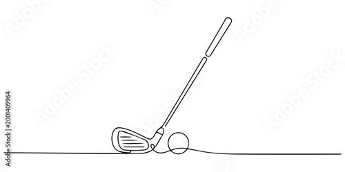Golf club head drawn with single continuous line on white background, none editable strokes, A golf club in one continuous line hitting a golf ball on the ground drawing, Golf stick line continuous.