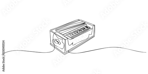 Harmonium one line art. Continuous line drawing of harmonium, indian, music, sitar, classical, Vintage harmonium with keyboards and pipes in isometric design, a traditional indian musical instrument.