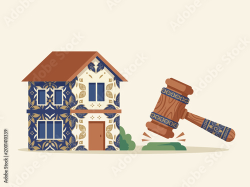 Real Estate Auction and Property Law Illustration featuring House and Judge Gavel with Traditional Batik Pattern Design