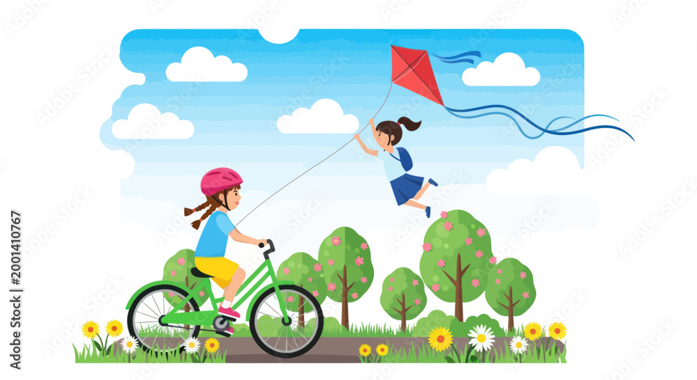 Fototapeta premium Children flying kite and riding bicycle in park on sunny day, summer vacation fun