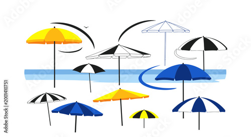 Foto Beach Umbrellas and Ocean Waves Illustration - Summer Vacation Concept