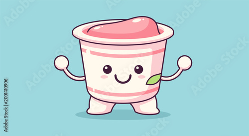 Cute pink yogurt cup mascot in pastel colors on blue background for branding