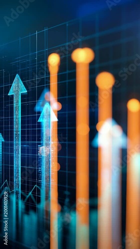 Blue arrows ascending on grid with orange bokeh bars and financial chart overlays illustrating market rise trading data visualization and upward performance indicators
