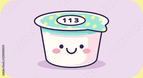 Cartoon yogurt cup with smiling face in pastel colors on light purple background for food branding