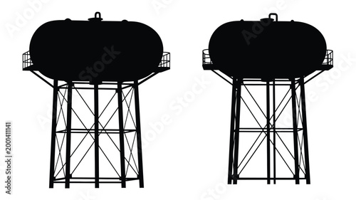Two water towers stand against a white background silhouette