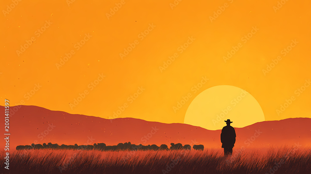 Fototapeta premium Wide rural landscape with a shepherd observing livestock from afar, capturing calm pastoral life and open space