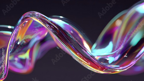 Abstract flowing shape with iridescent colors against a dark background