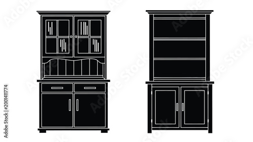 Two black display cabinets shown in a stark silhouette