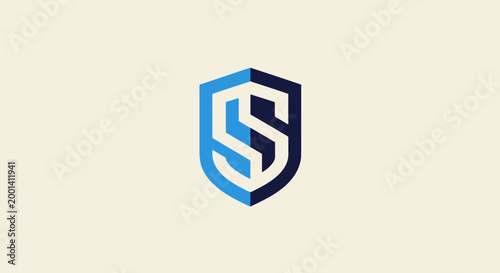 Modern Blue and White Shield Logo Design on Cream Background.
