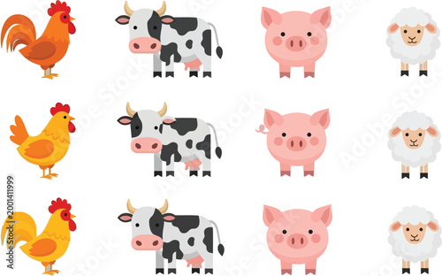 Cartoon farm animals set with rooster, cow, pig, sheep Vector