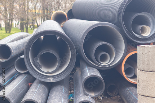 Close-up of a pile of pipes