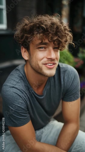 Young caucasian male adult with curly hair seated casual t shirt closeup vertical portrait soft expression