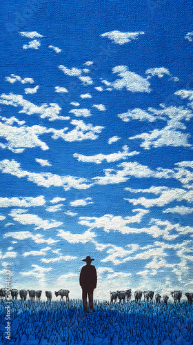 Wide rural landscape with a shepherd observing livestock from afar, capturing calm pastoral life and open space