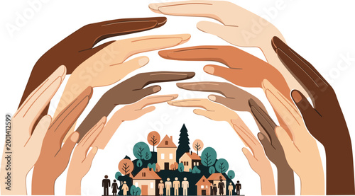 Diverse multicultural hands forming a protective arch over a small community and houses representing social support unity and collective neighborhood care vector illustration.
