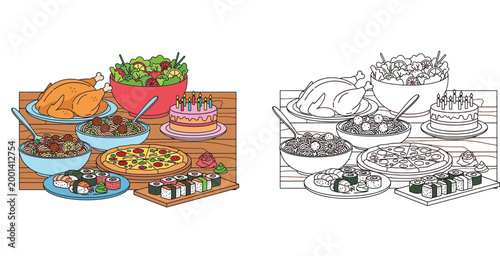 Delicious Food Feast Illustration Set Featuring Pizza Sushi Spaghetti Roast Chicken and Birthday Cake in Colored and Outline Versions for Coloring Book and Party Design Projects