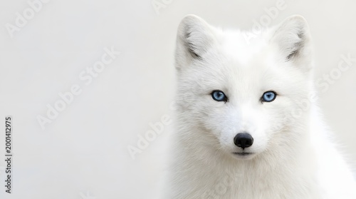 Close-up portrait of a fluffy arctic fox with striking blue eyes against a soft white background