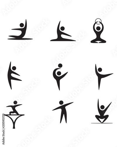 Set of black human figure icons for sports and yoga