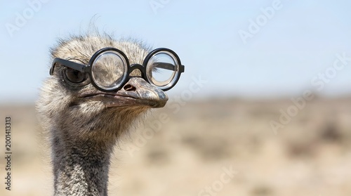 Close-up portrait of an ostrich wearing round eyeglasses with a blurred desert landscape and sky in the background