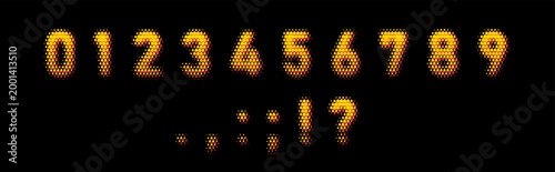 A set of yellow-orange numbers from 0 to 9 and punctuation marks, in a halftone style.