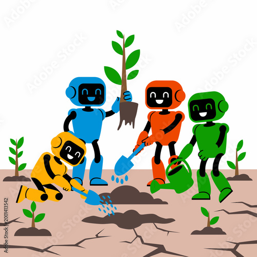 Four colorful friendly robots work together to plant young green saplings in dry cracked earth to help restore nature and promote sustainability in this fun vector illustration