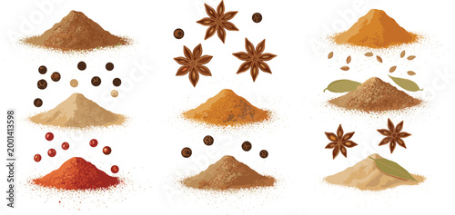 Heaps of aromatic dry spices including star anise peppercorns and various ground powders for organic cooking and seasoning flavors isolated on white background vector illustration.