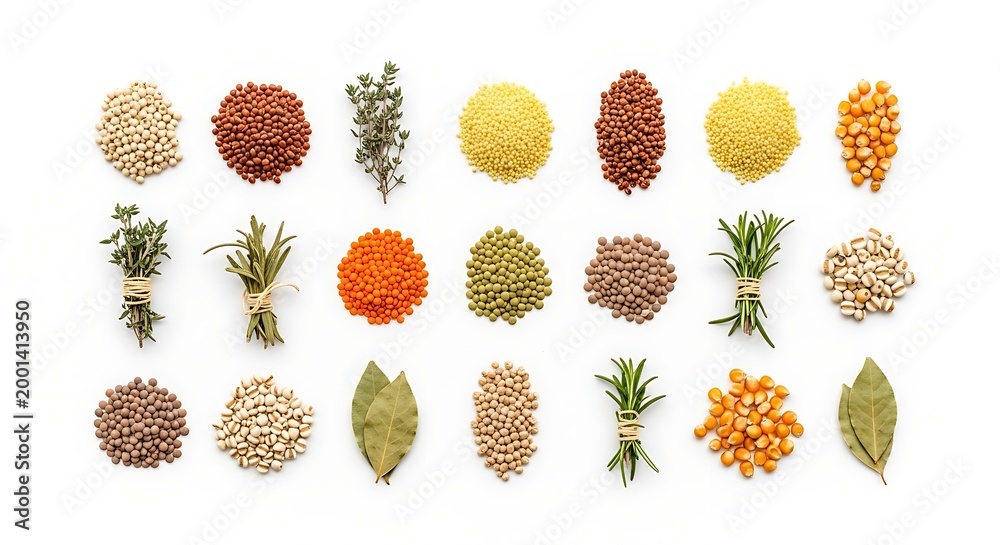 Fototapeta premium Assortment of various legumes, grains, seeds, and fresh herbs isolated on white background