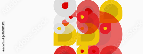 Abstract composition featuring overlapping circles. Red, yellow hues dominate white background. Minimalist design, modern aesthetic.