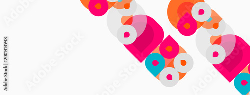 Abstract colorful circles overlap, creating dynamic diagonal pattern. Bright hues contrast against white background. Modern design element.
