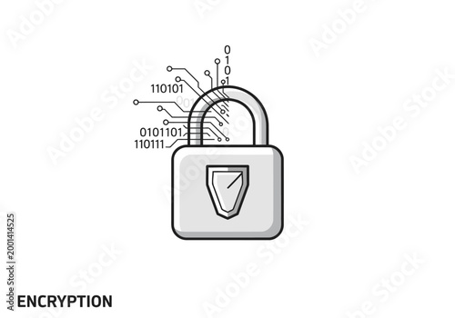 Padlock with circuit board and binary code for cybersecurity and data protection, flat vector icon