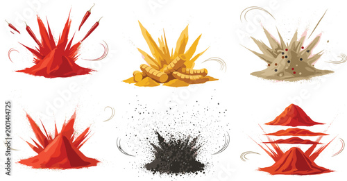 Set of dynamic spice explosions featuring chili powder turmeric ginger and black pepper with flying ingredients for bold flavor and spicy cooking concept vector illustration.