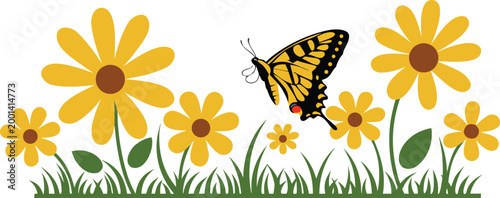 Yellow Flowers with Butterfly Simple Nature Spring Illustration Floral Background