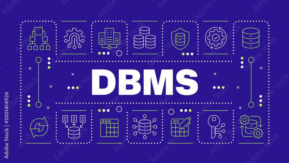 Fototapeta premium DBMS blue word concept. Network engineering, information storage. Data optimization. Horizontal vector image. Headline text surrounded by editable outline icons. Hubot Sans font used