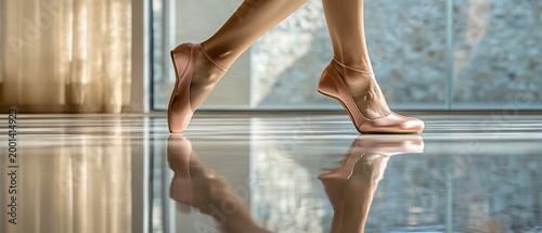 Elegant dancer feet in satin ballet flats on reflective floor