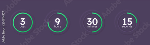 Green line neumorphism countdown timer set on dark background. Sales start. Circle progress bars isolated. Days, hours, minutes, seconds stopwatch. Remaining time. Modern UI graphic collection