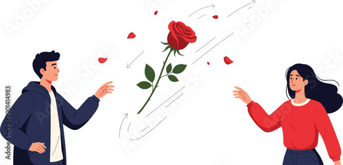 Young man and woman sending a digital red rose to each other representing modern online dating romance and long distance love relationship concepts vector illustration.