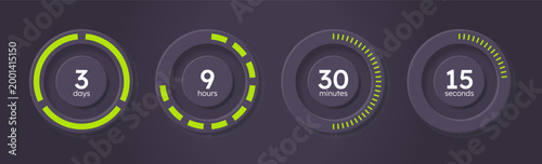 Time management countdown timer set on dark background. Neumorphism effect. Circle progress bars isolated. Days, hours, minutes, seconds stopwatch. Remaining time. Modern UI graphic collection