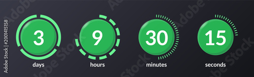 Green solid virtual countdown timer set on dark background. Radial dots. Circle progress bars isolated. Days, hours, minutes, seconds stopwatch. Remaining time. Modern UI graphic collection