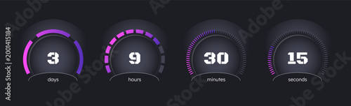 Purple gradient with radial dots countdown timer set on dark background. Dashboard. Circle progress bars isolated. Days, hours, minutes, seconds stopwatch. Remaining time. Modern UI graphic collection