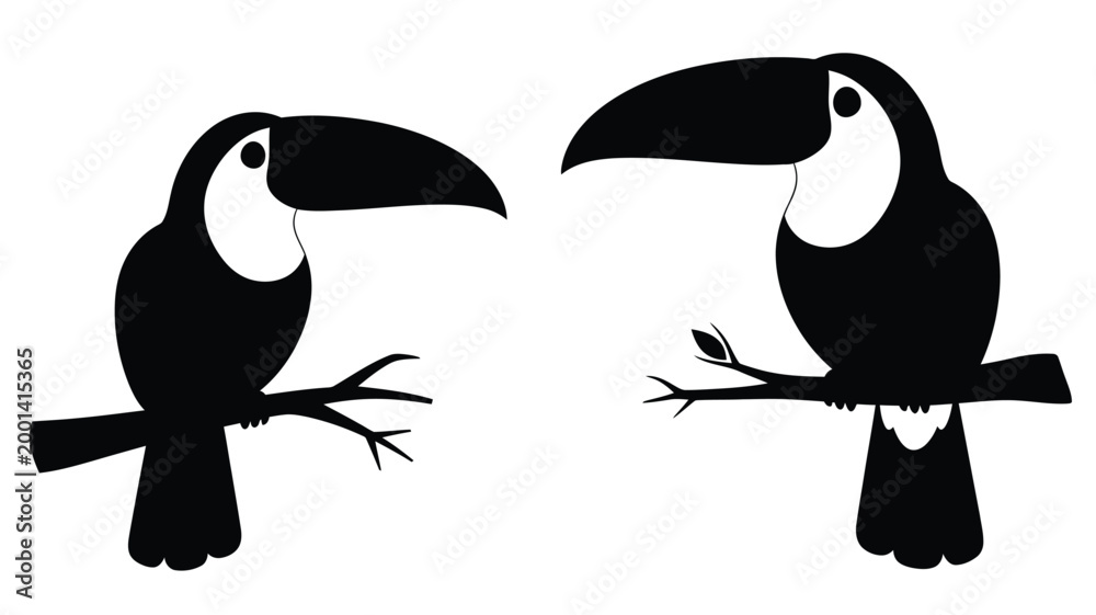 Obraz premium Two toucans perched on branches a striking black silhouette